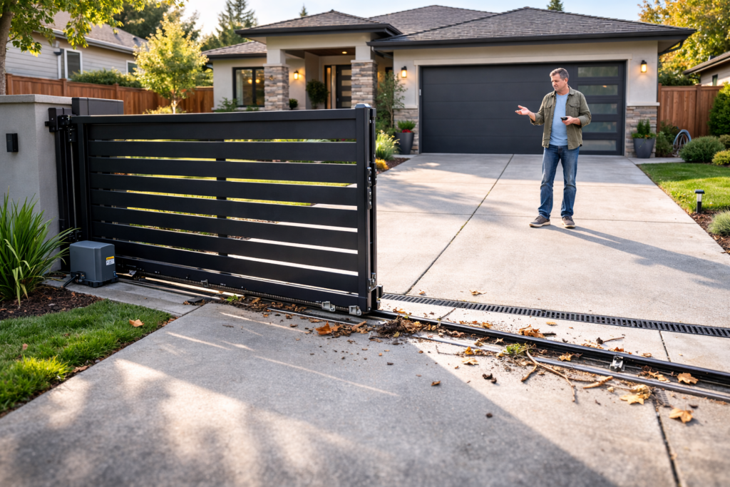 man struggles with broken automatic gate